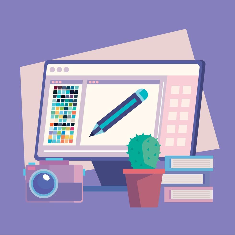 graphic designer desktop and supplies vector