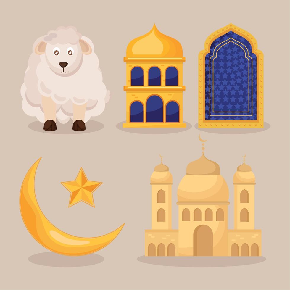 five eid mubarak icons vector