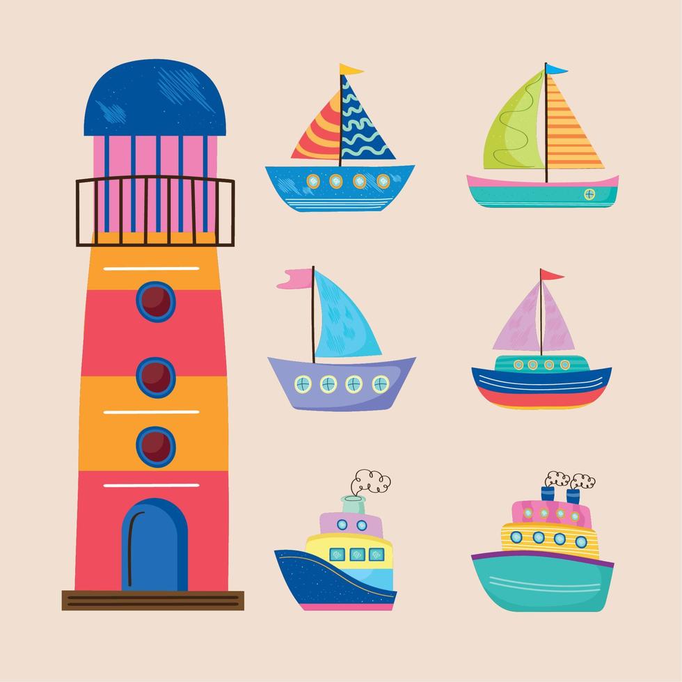 seis lindos iconos de barcos vector