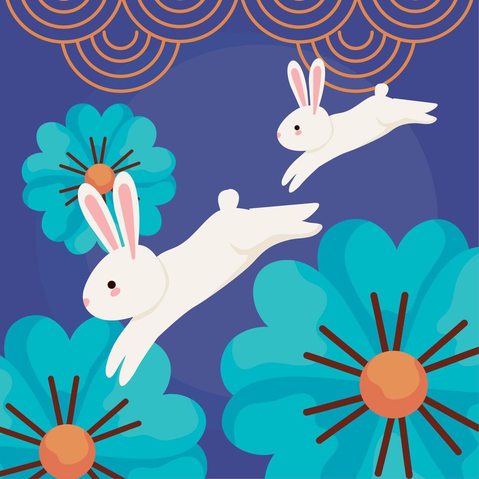 chinese moon festival rabbits with flowers vector