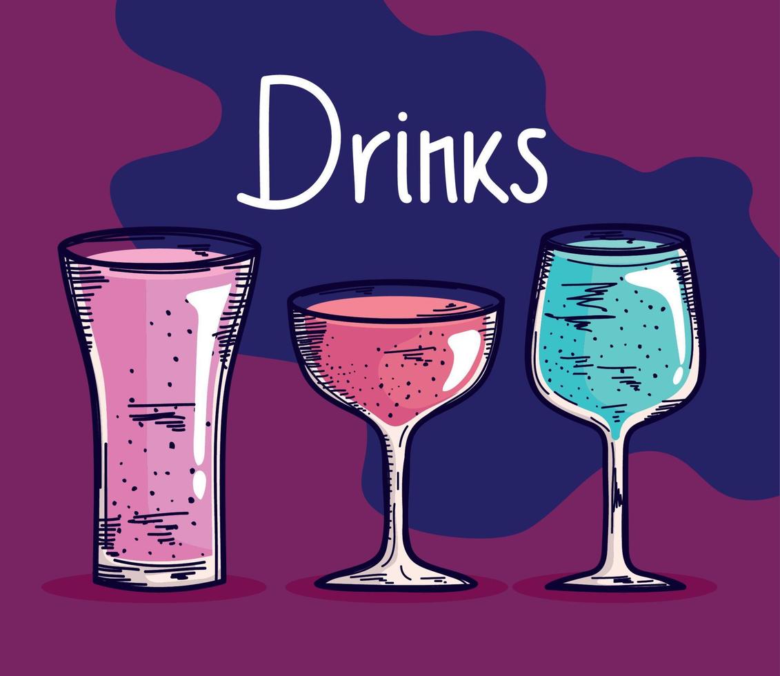 drinks lettering with three beverages vector