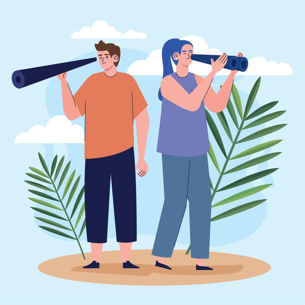 couple searching with binoculars vector