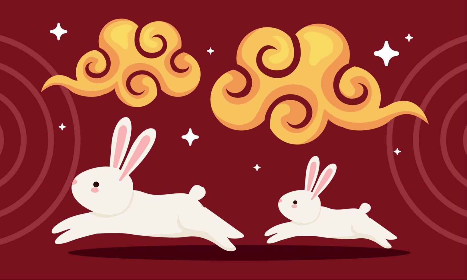 chinese moon festival rabbits with clouds vector
