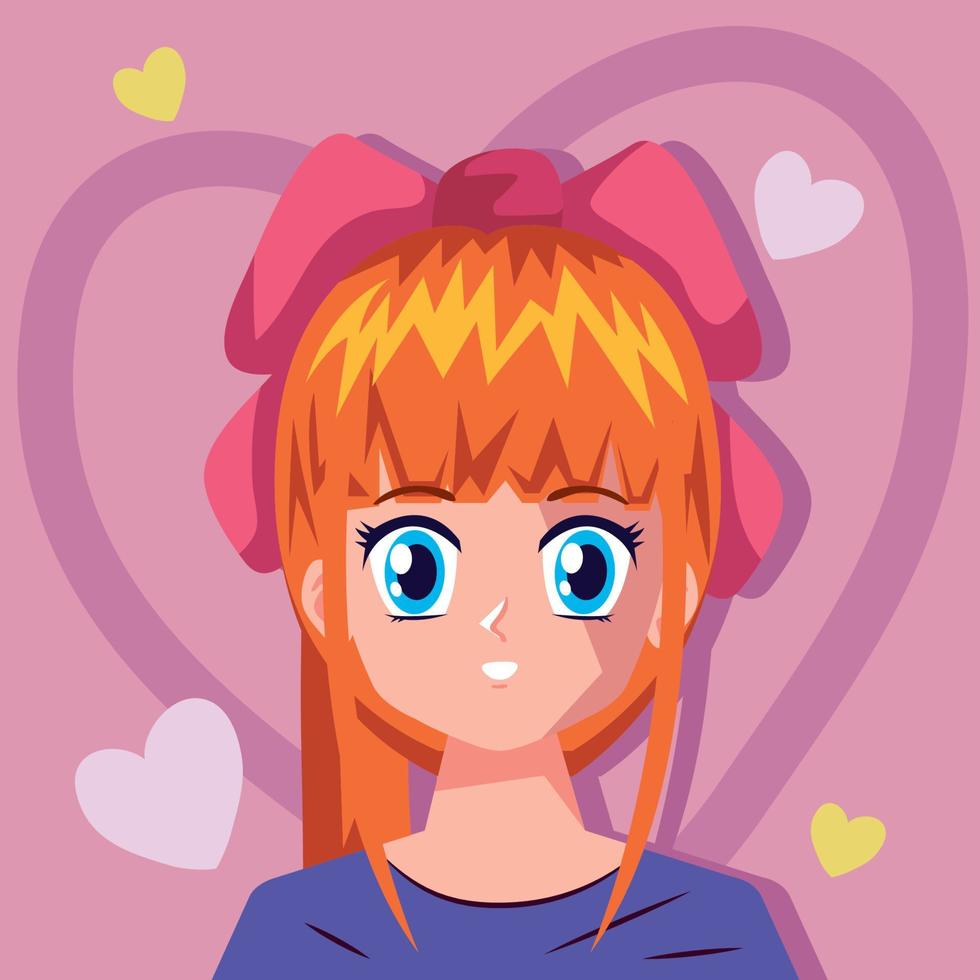 anime pelirroja chica con corazones vector