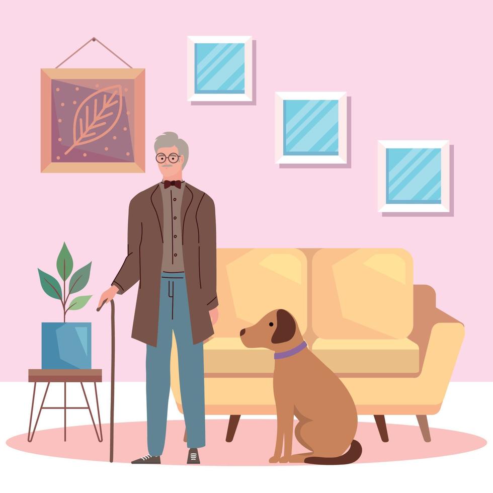 old man modeling with dog vector