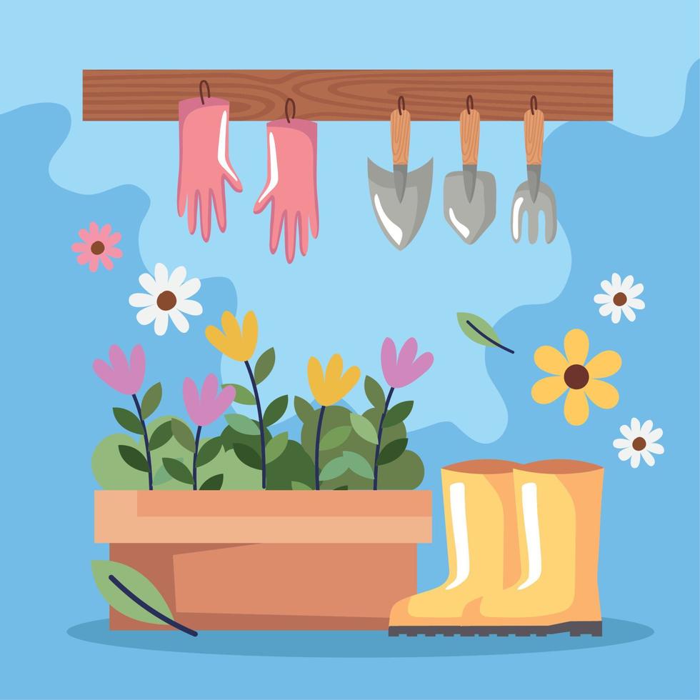 gardening tools hanging with boots vector