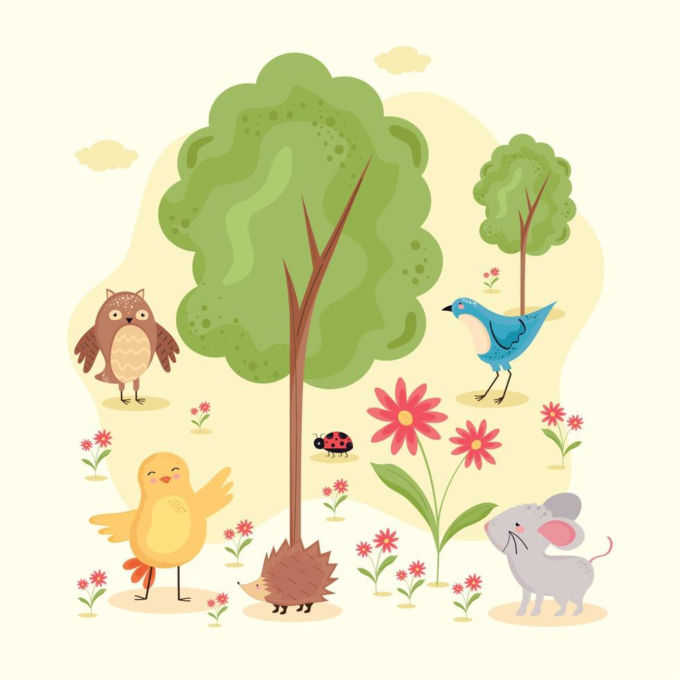 animales de primavera en el paisaje vector