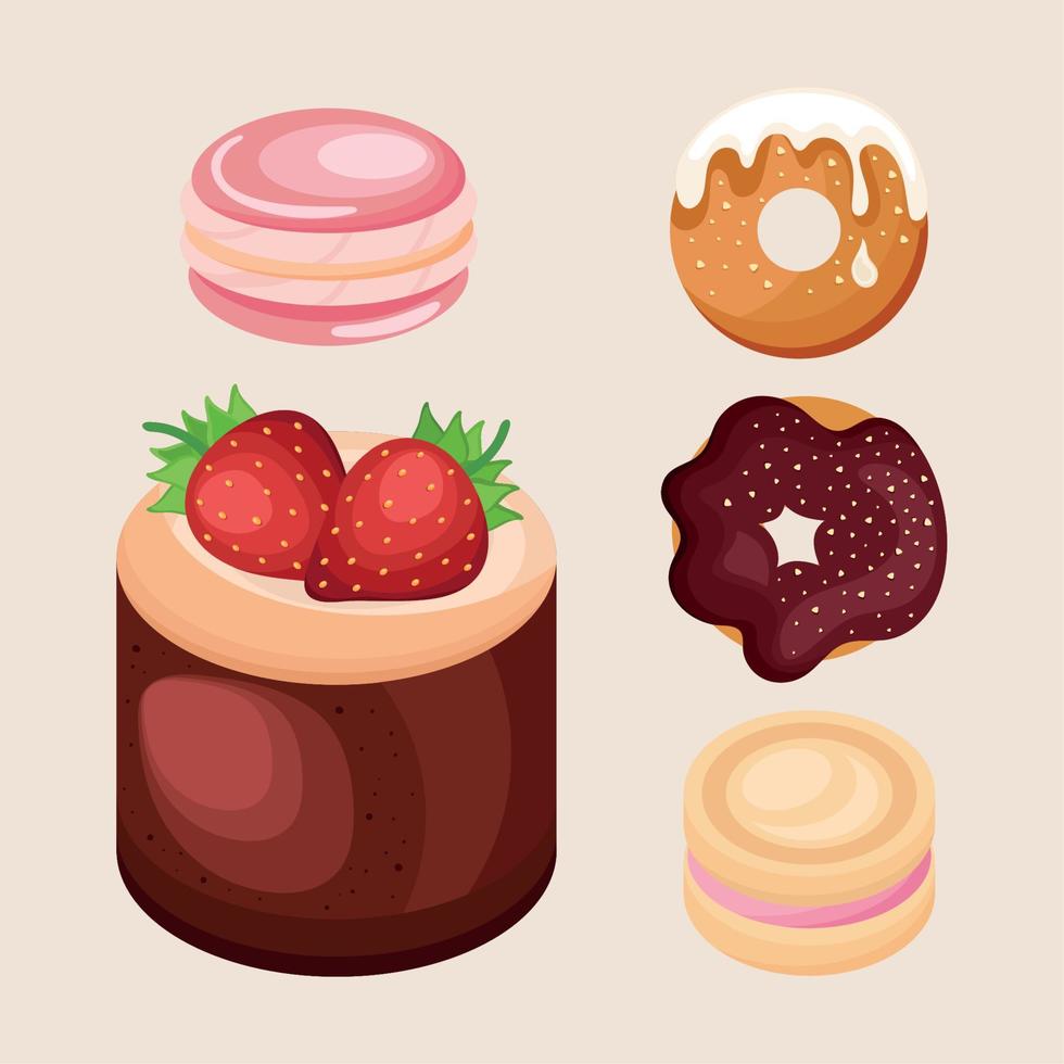 five sweet and delicious desserts vector