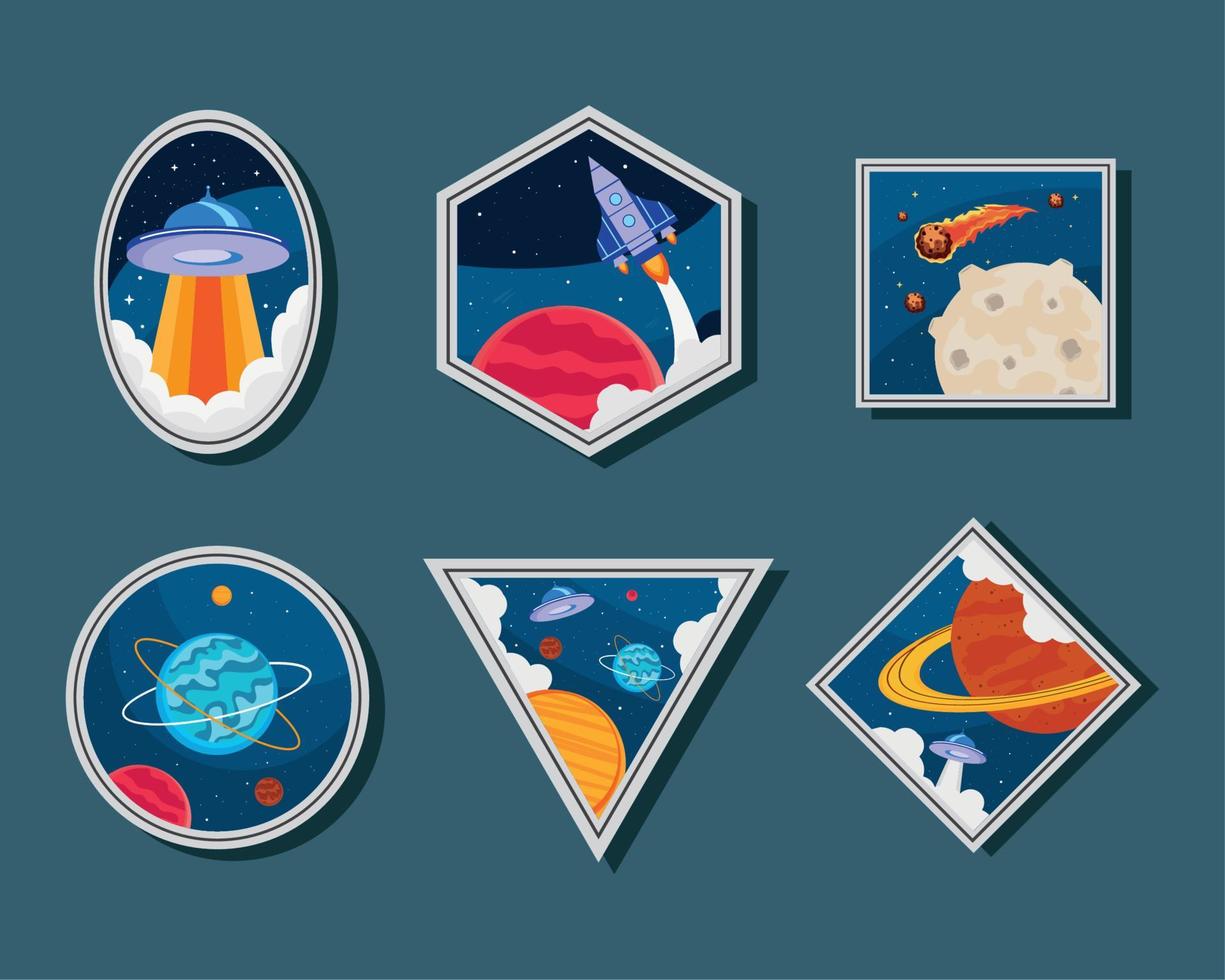 six space retro stickers vector