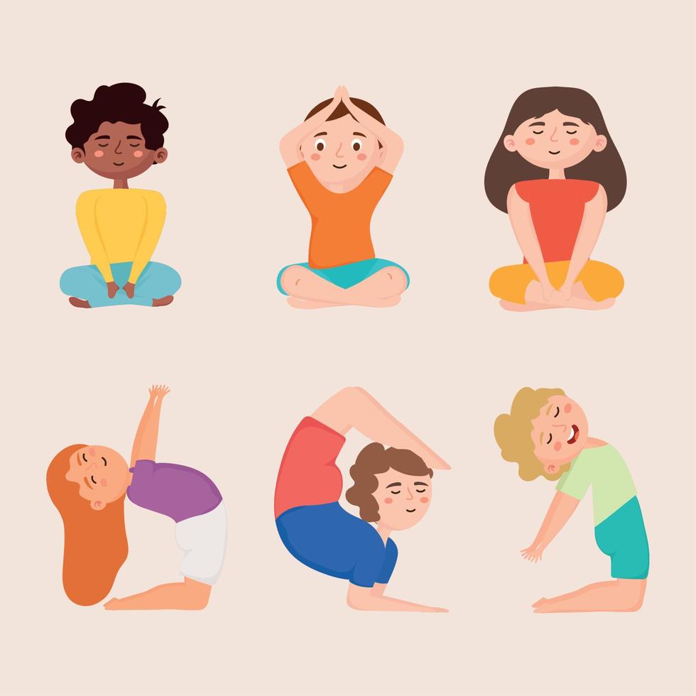 six kids meditating characters vector