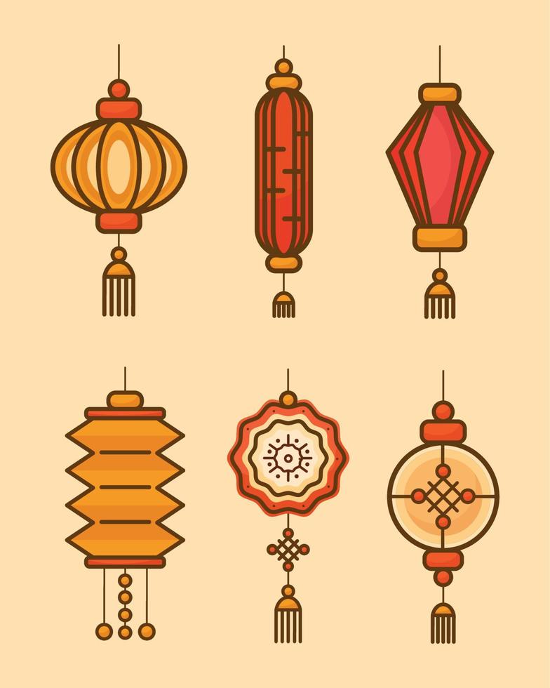 seis iconos del festival de la luna china vector