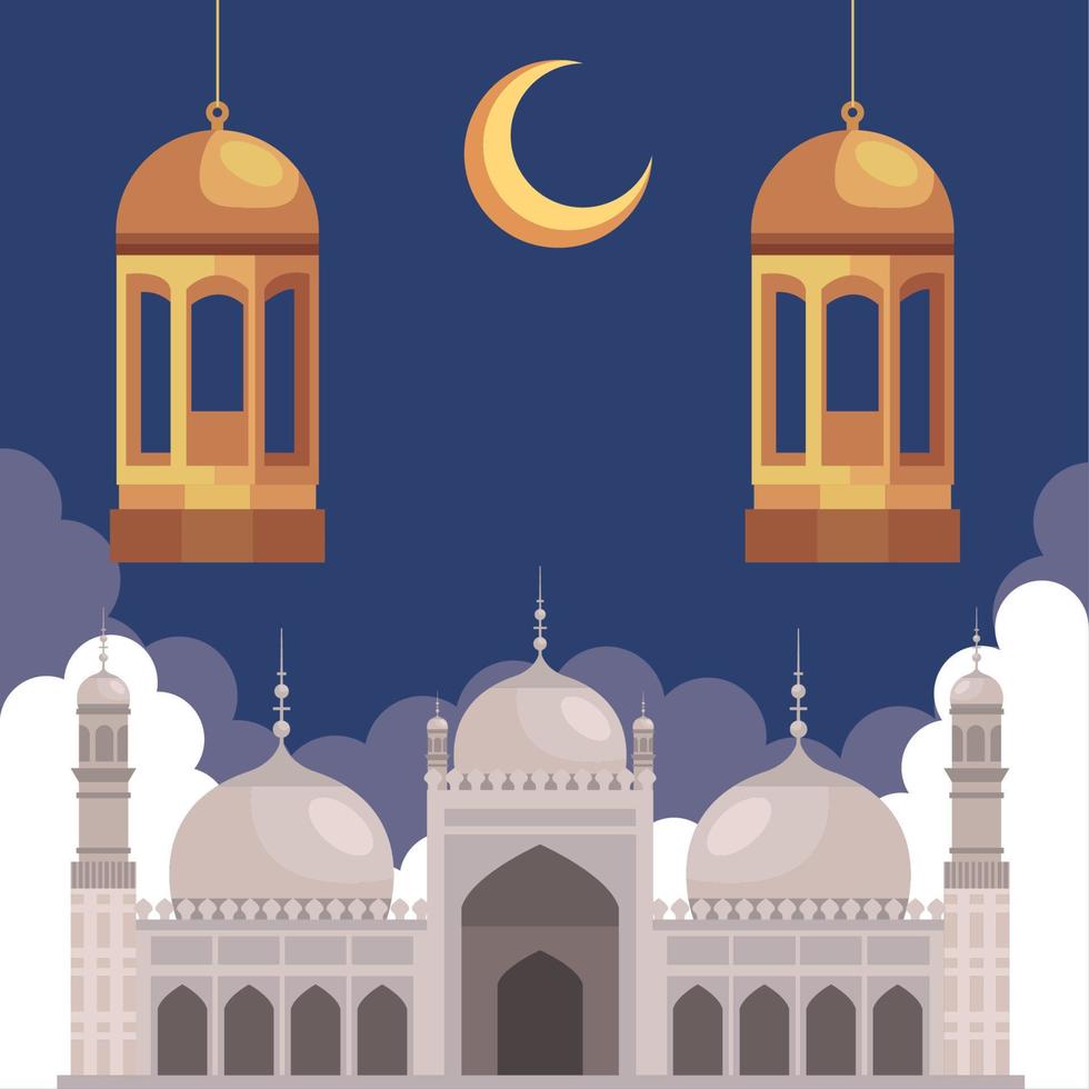 mosque with lanterns hanging vector