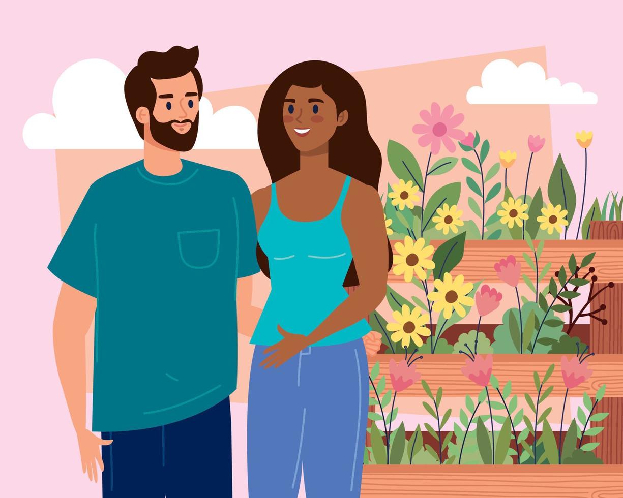 lovers couple with garden vector