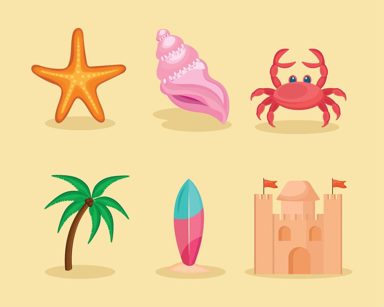 seis iconos de vacaciones en la playa vector