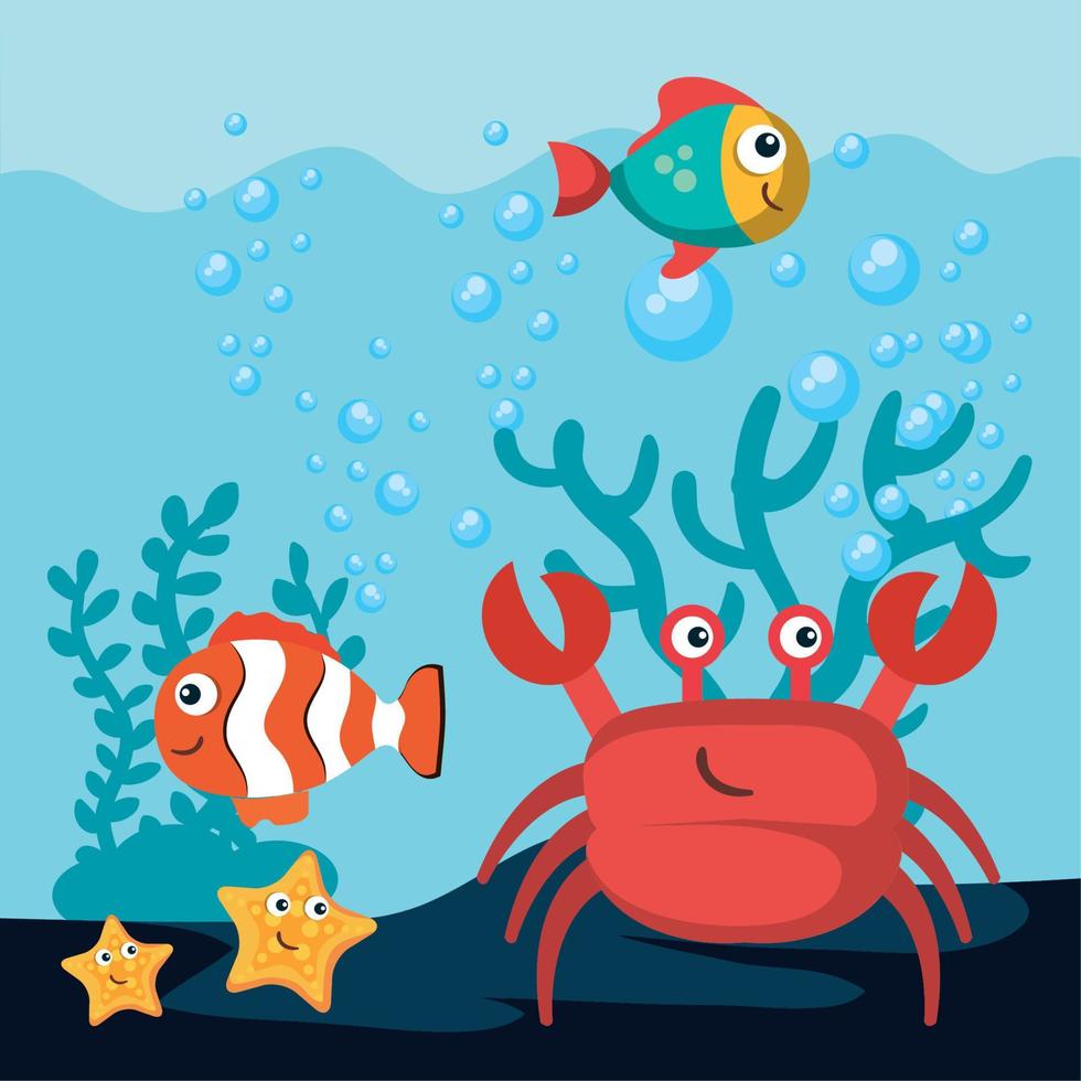 sea fishes and crab vector