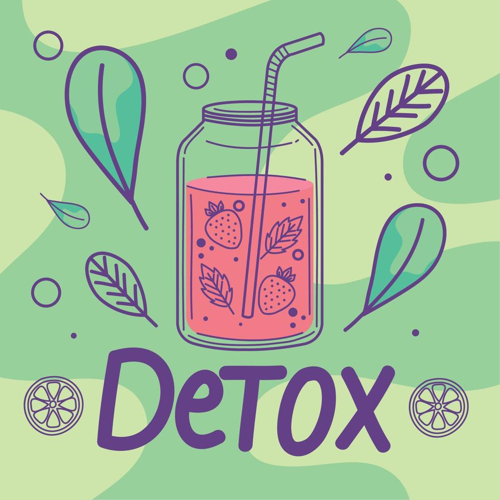 detox lettering and strawberry drink vector