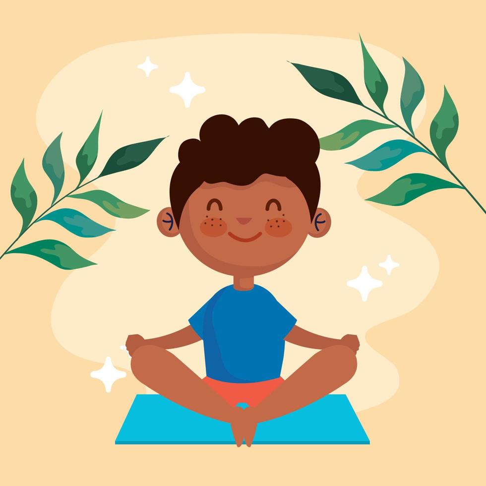 little boy yoga and leafs vector