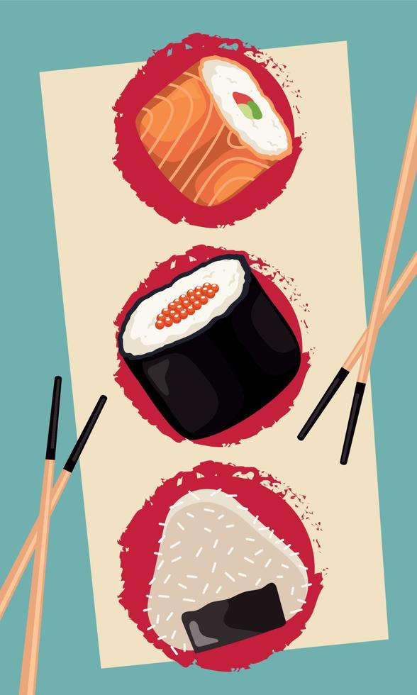 three sushi and chopsticks vector