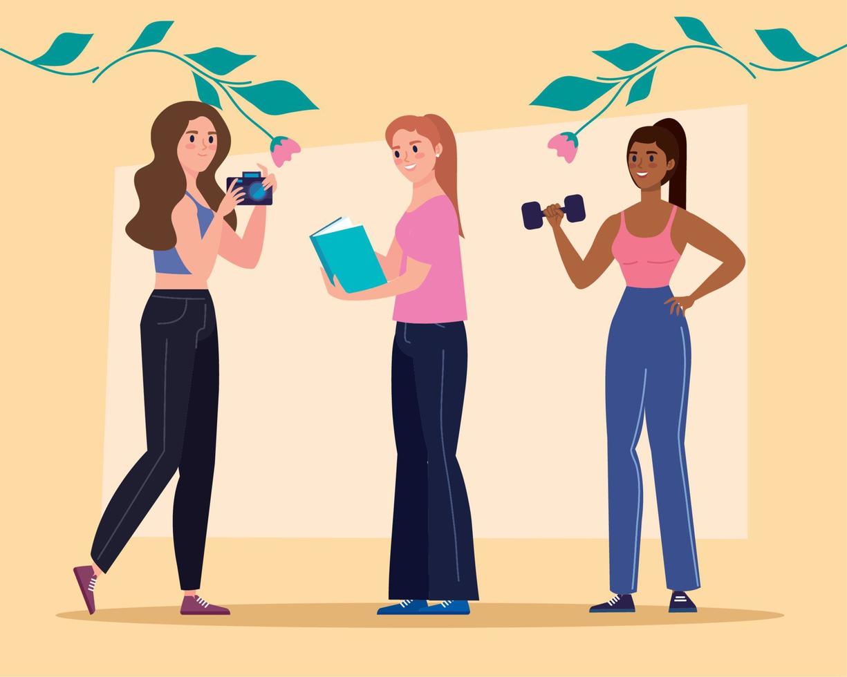 interracial girls practicing activities vector