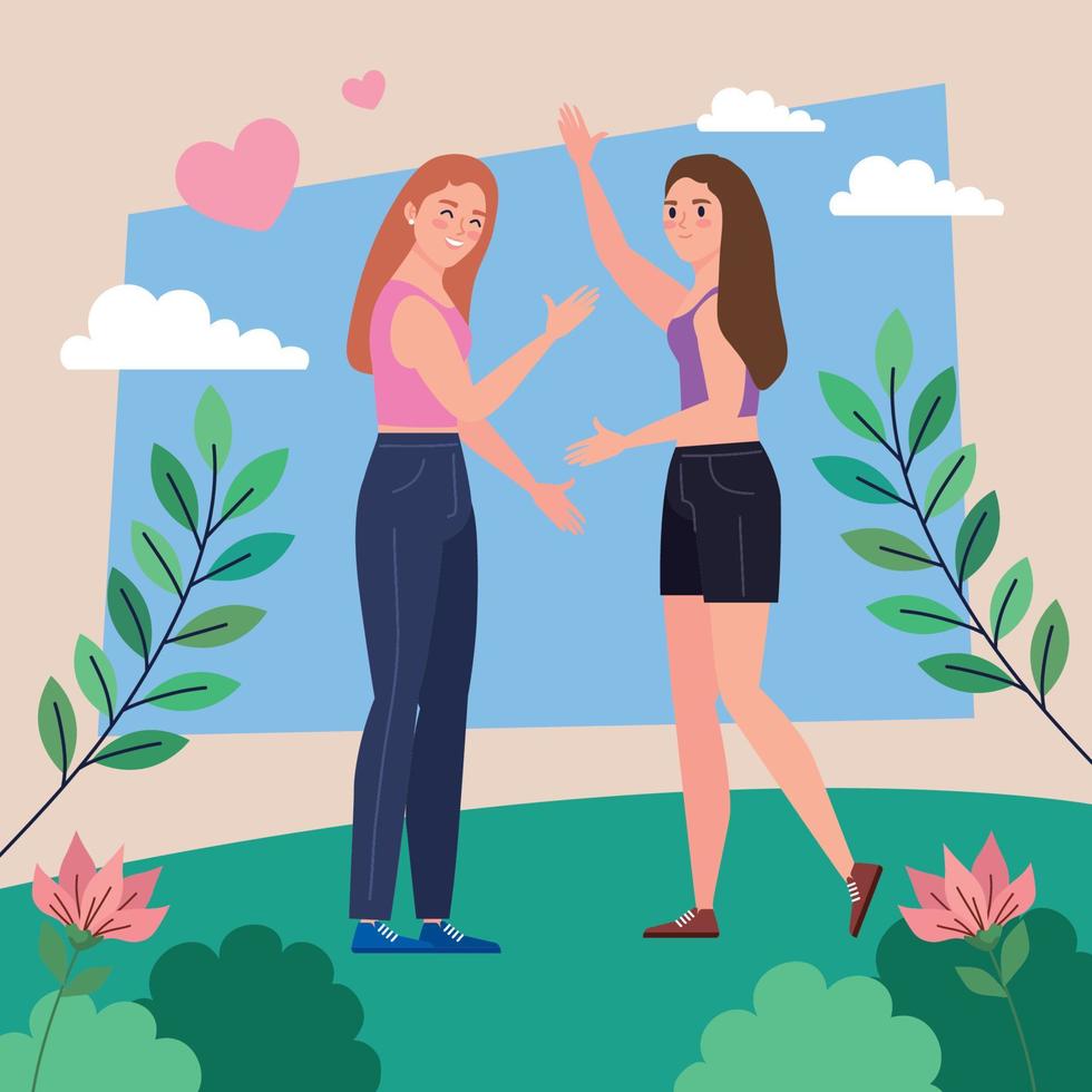 lesbians couple hugging scene vector