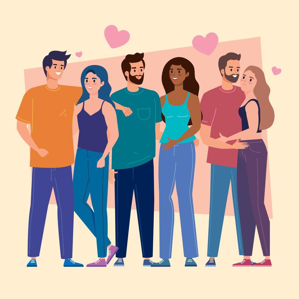 three lovers couples hugging vector