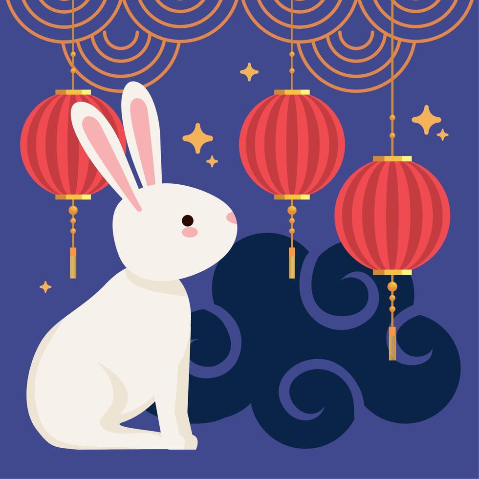 chinese moon festival rabbit with red lamps vector