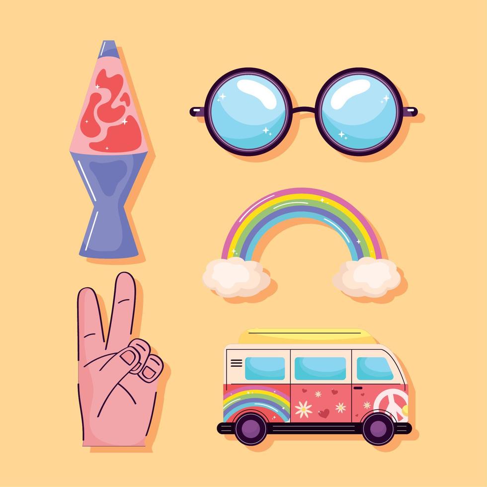 five hippie culture icons vector