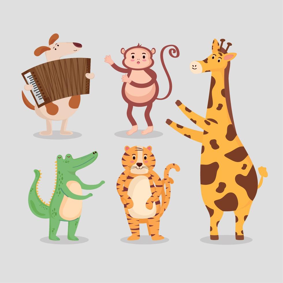 five cute animals playing instruments vector