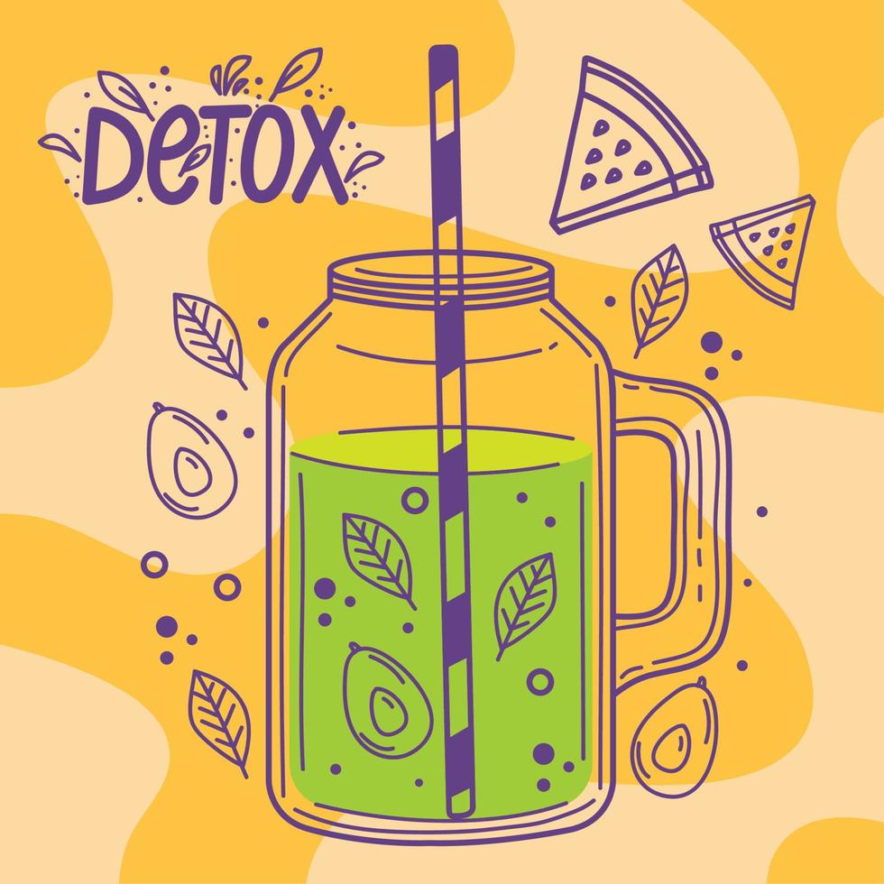 detox lettering and avocado drink vector