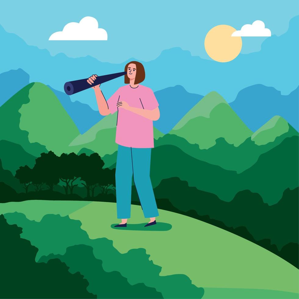 woman searching using telescope vector