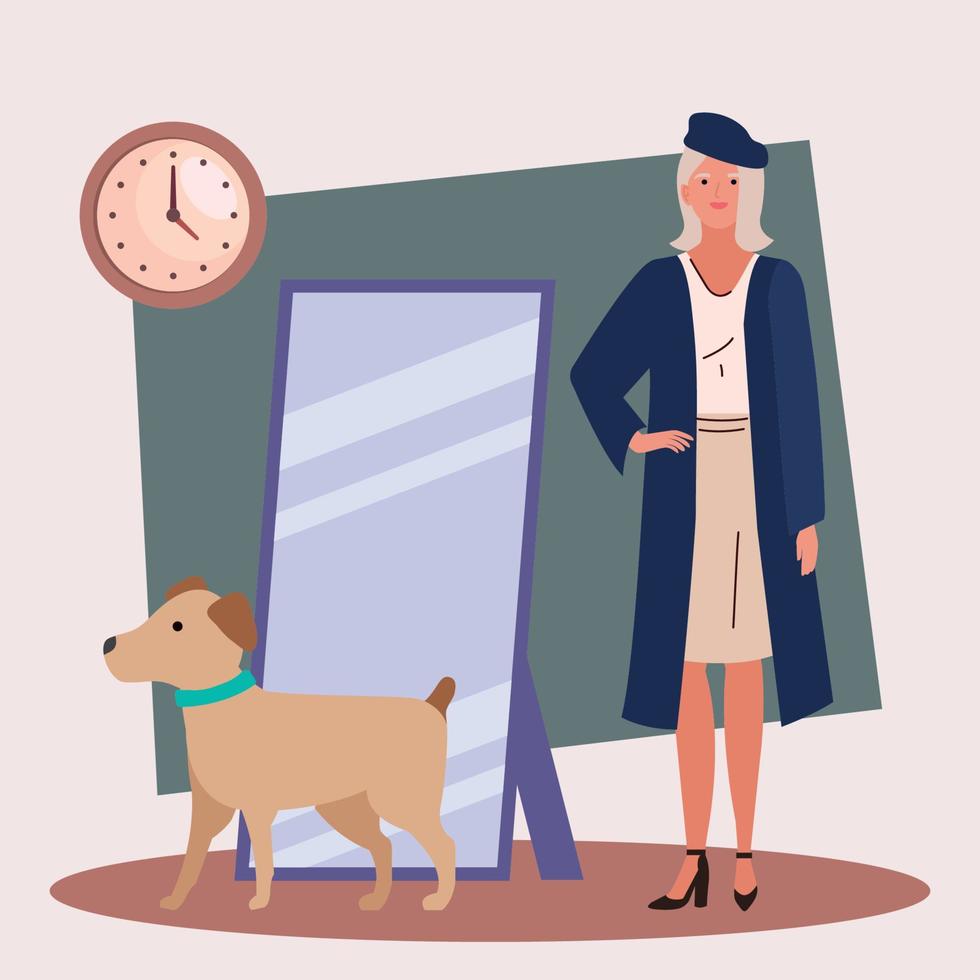 old woman modeling and dog vector