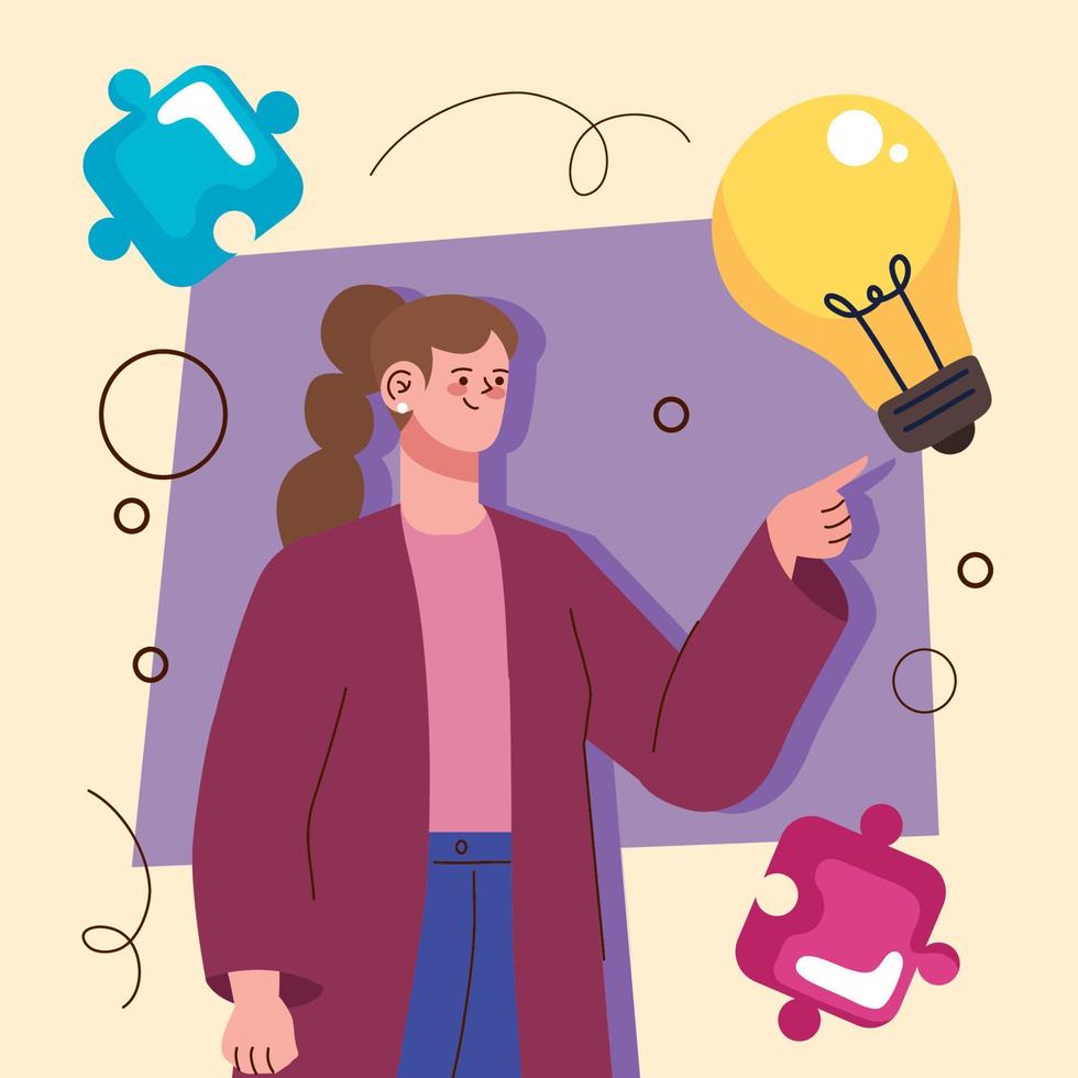 creative woman with puzzle and bulb vector