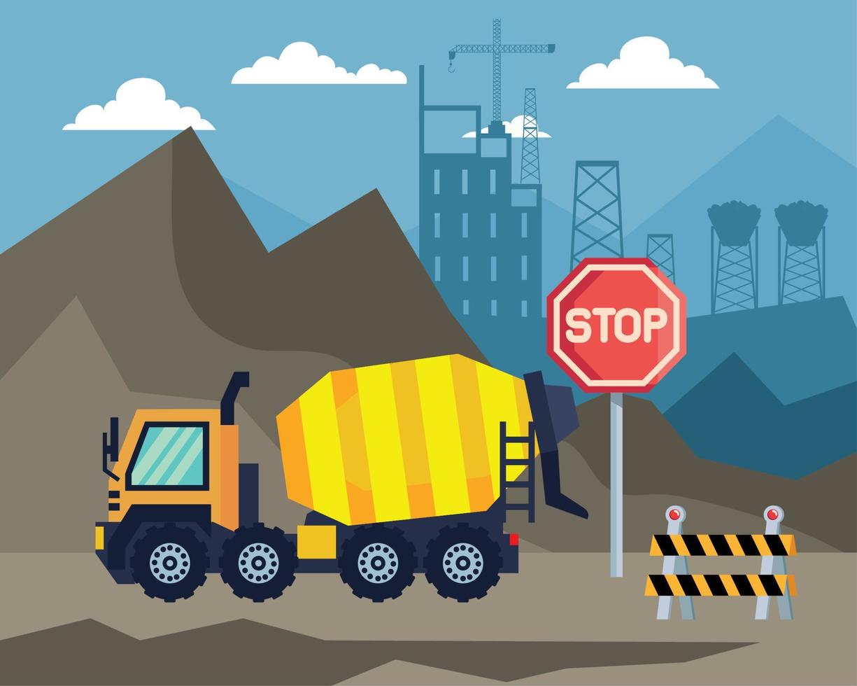 construction stop signal and mixer truck vector