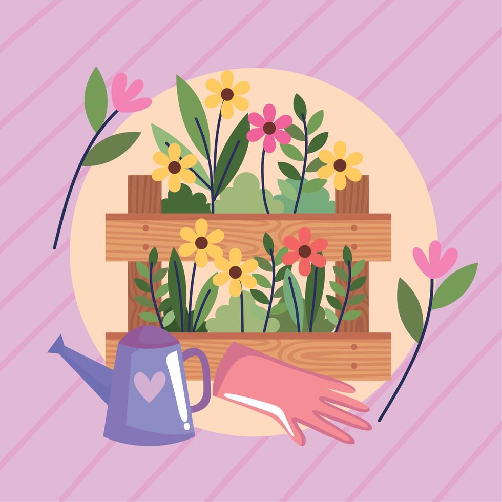 gardening flowers in basket with sprinkler vector