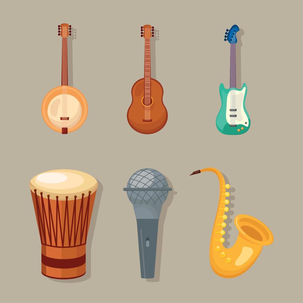 six musical instruments icons vector