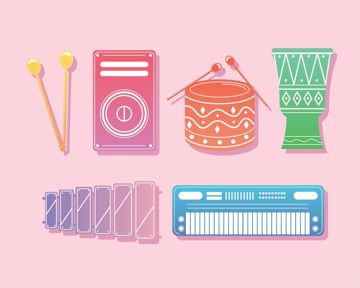 six music instruments pastel icons vector