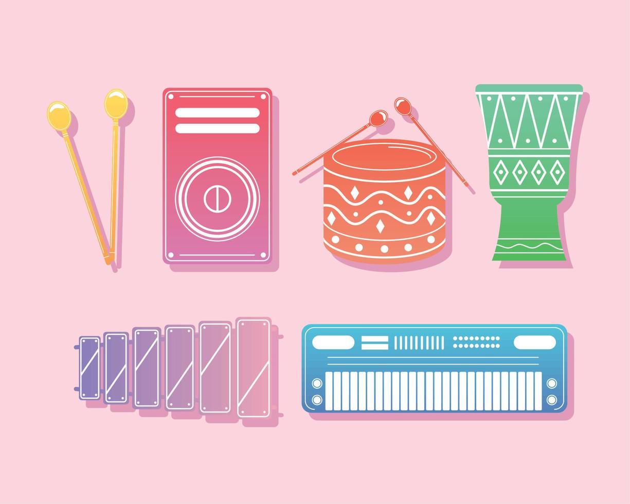 seis instrumentos musicales iconos pastel vector