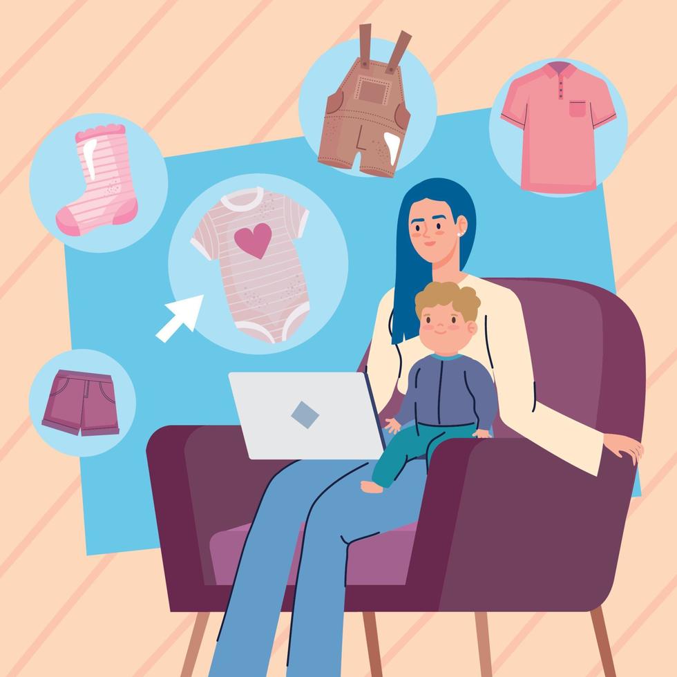 mother and son shopping online vector