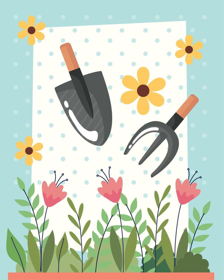 pala de jardinería y rastrillo con flores vector