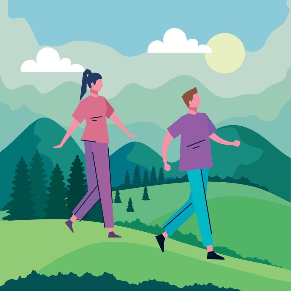 couple walking in landscape vector