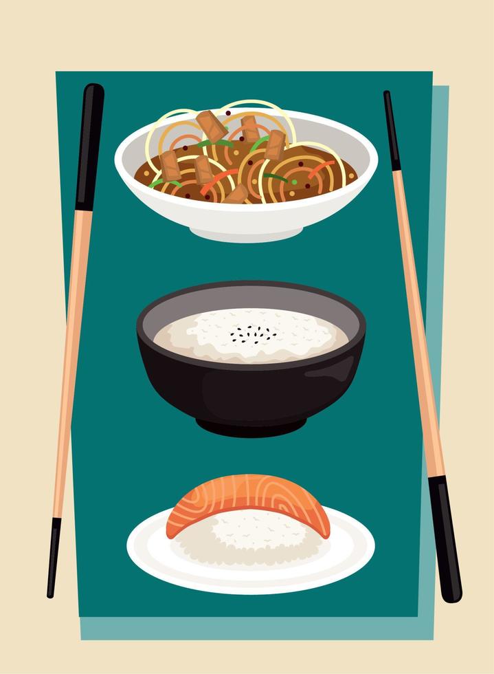 tres platos de comida japonesa vector