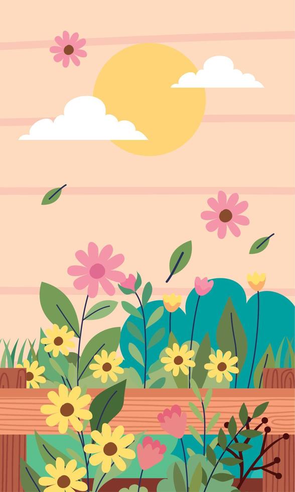 gardening flowers in basket with sun vector