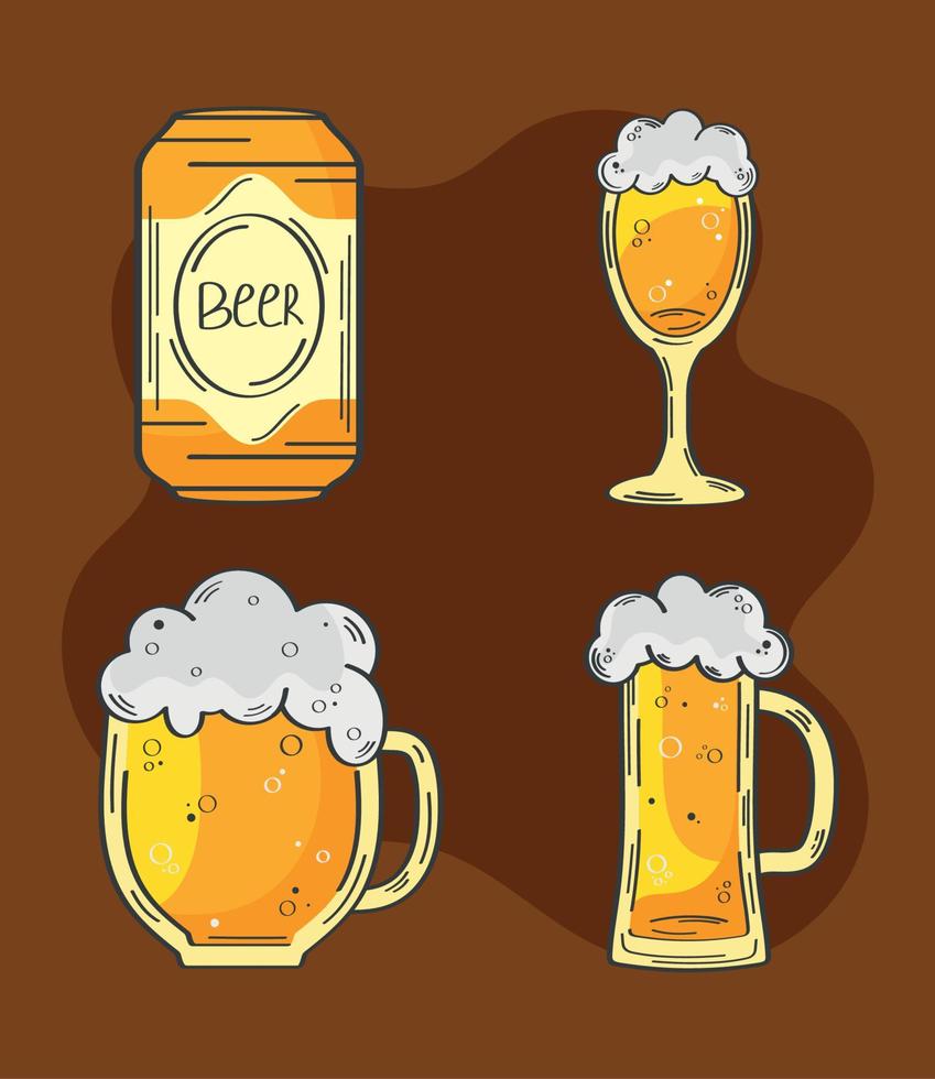 cuatro cervezas bebidas iconos vector