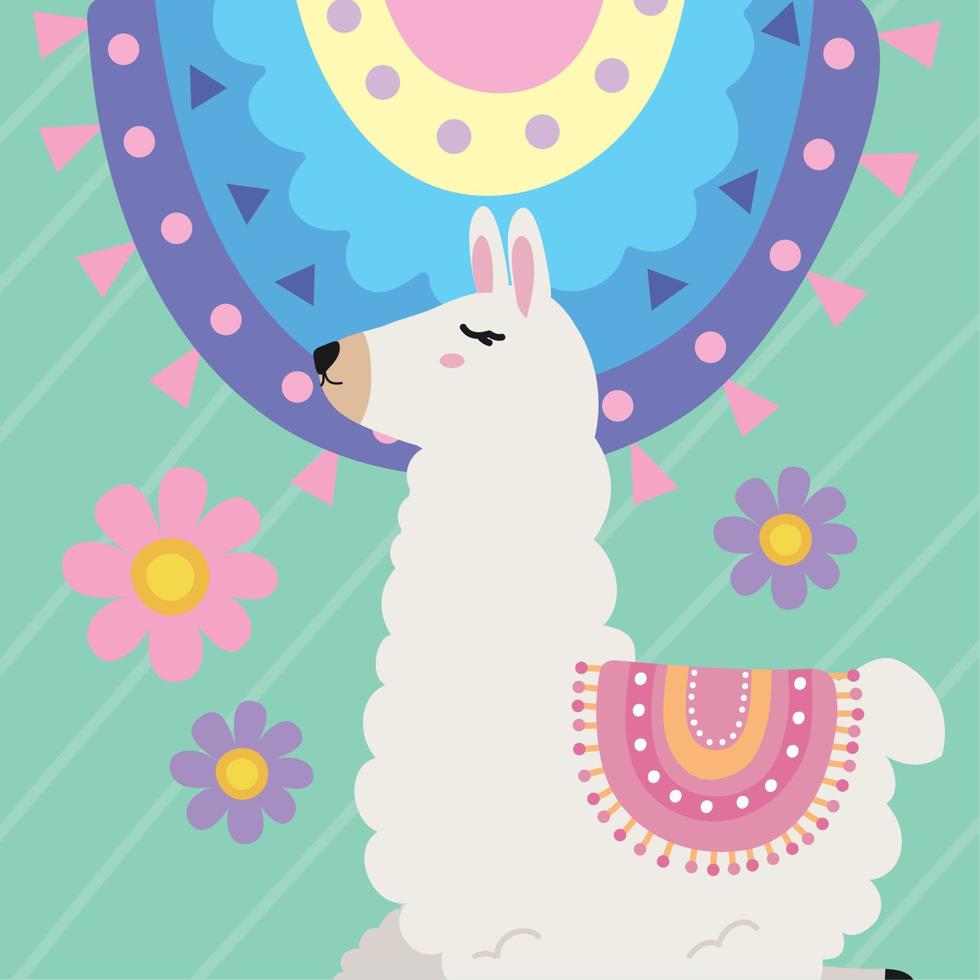 sweet llama with flowers garden vector