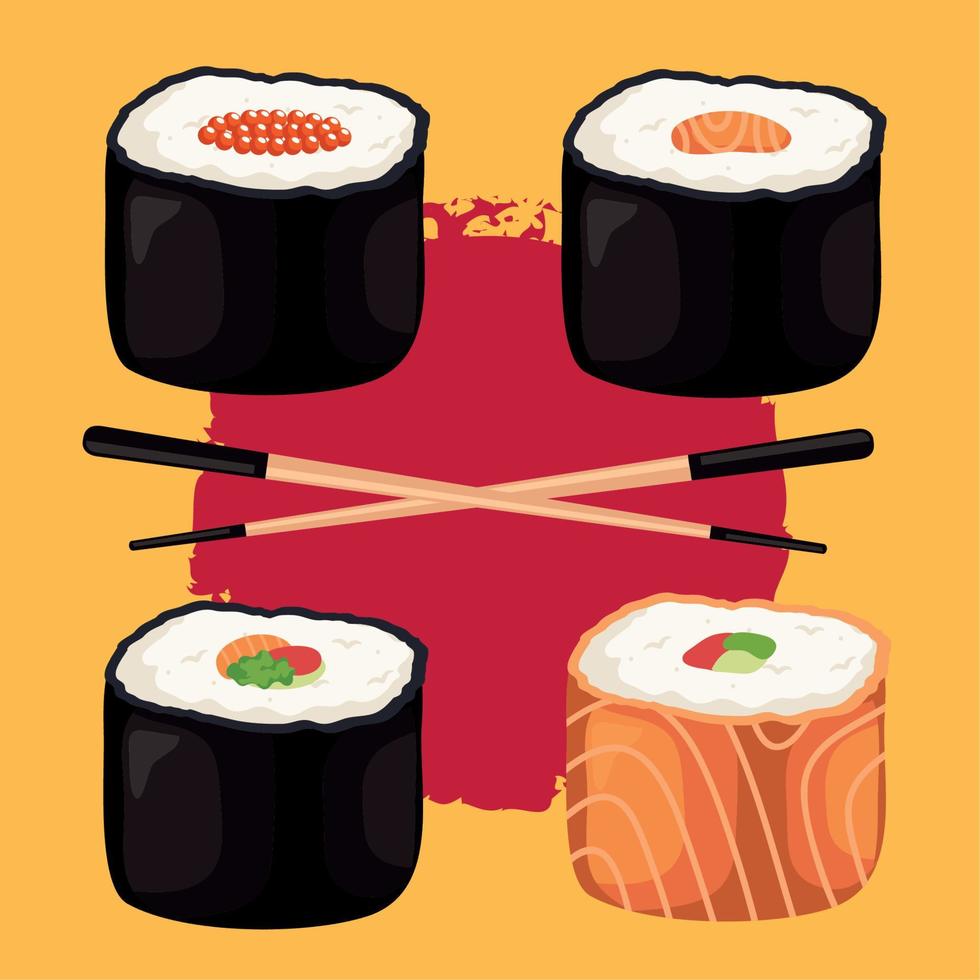 four sushi and chopsticks vector