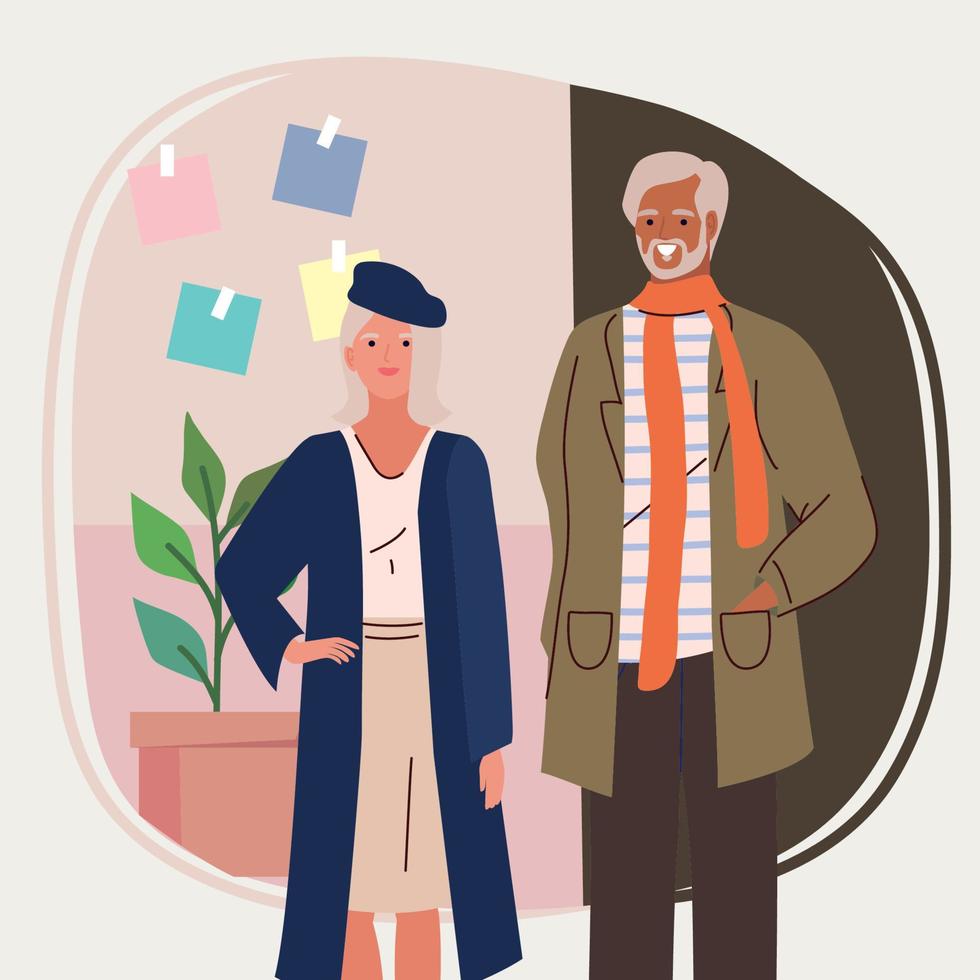 old couple modeling and houseplant vector