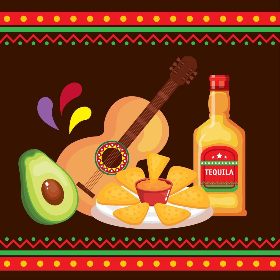 mexican celebration with food and guitar vector