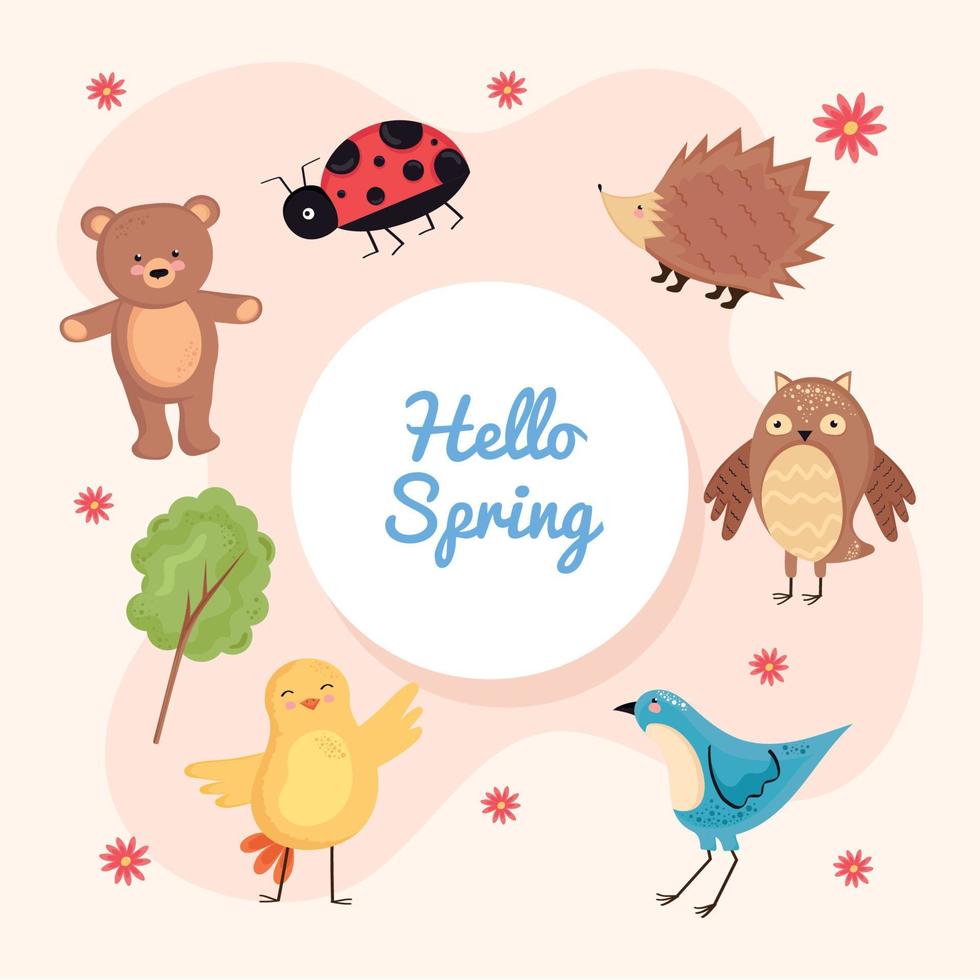 spring animals circular frame vector