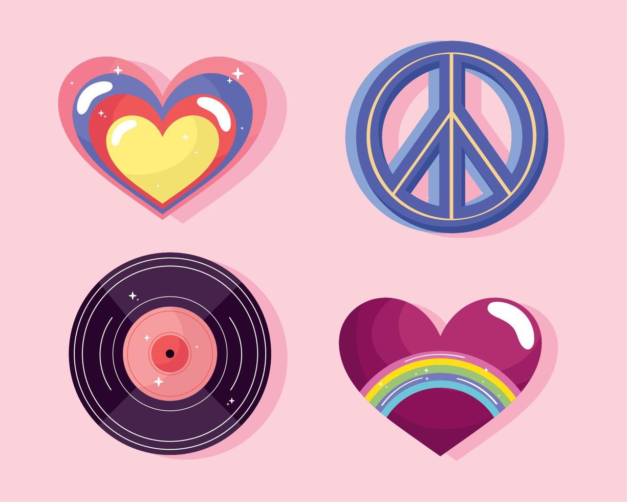 cuatro iconos de la cultura hippie vector