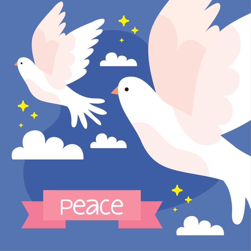 peace lettering in ribbon with doves vector